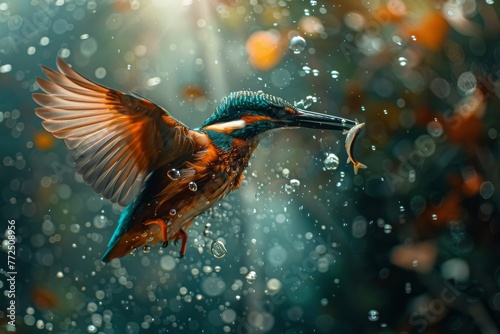 A colorful bird soars through the sky with a fish gripped tightly in its beak photo