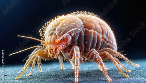Extreme close-up of a mite sitting on organic tissue and dust - ai generated