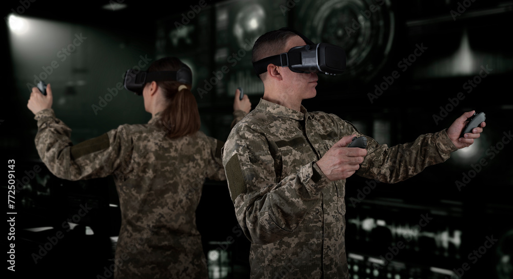 Fototapeta premium Warfare pilot using head-mounted displays VR glasses, digital device operating with robot, drone or troops of mechanical soldiers. The military's training virtual simulators, AI technology