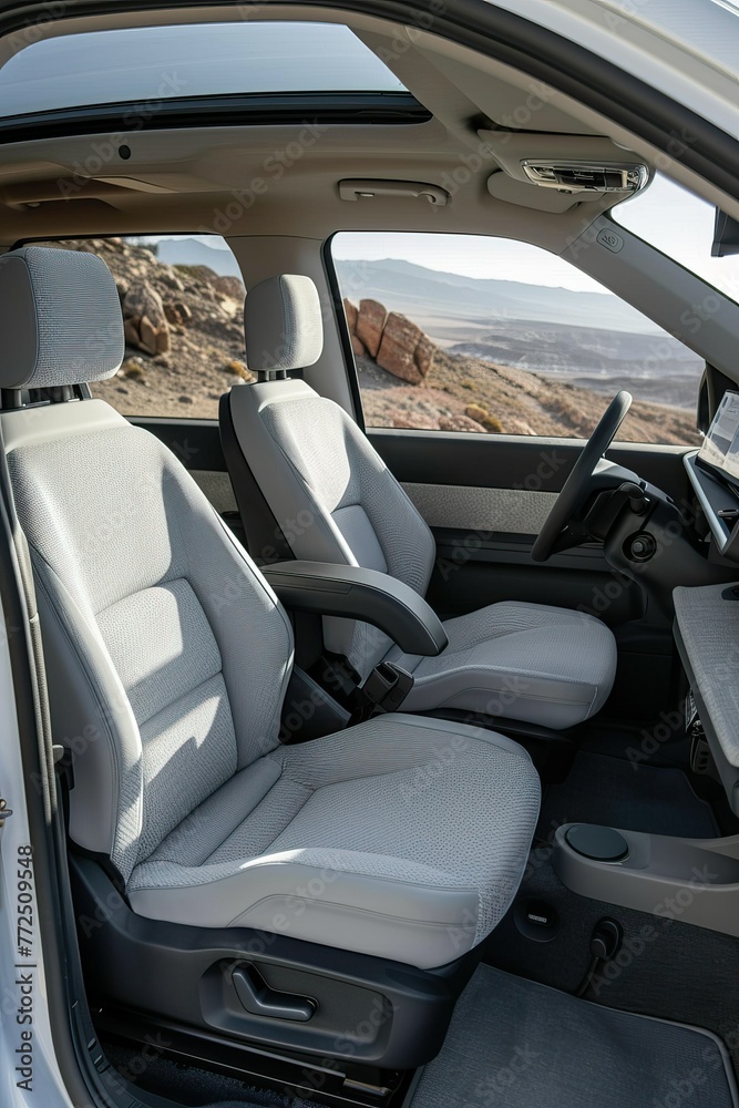 Modern electric car interior with desert view