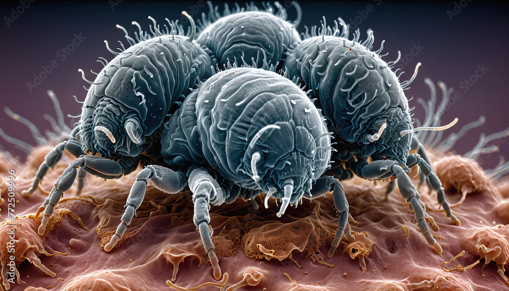 Extreme close-up of a mite sitting on organic tissue and dust - ai generated - obrazy, fototapety, plakaty 