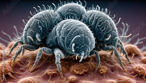 Extreme close-up of a mite sitting on organic tissue and dust - ai generated photo