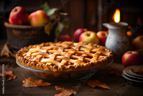 Golden-baked Homemade Apple Pie Amidst Rustic Setting