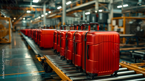 Production of red luggage at the factory, modern technology concept photo