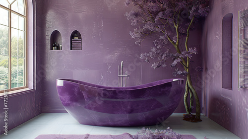 Purple bathtube in purple bathroom, concept of stylish interior