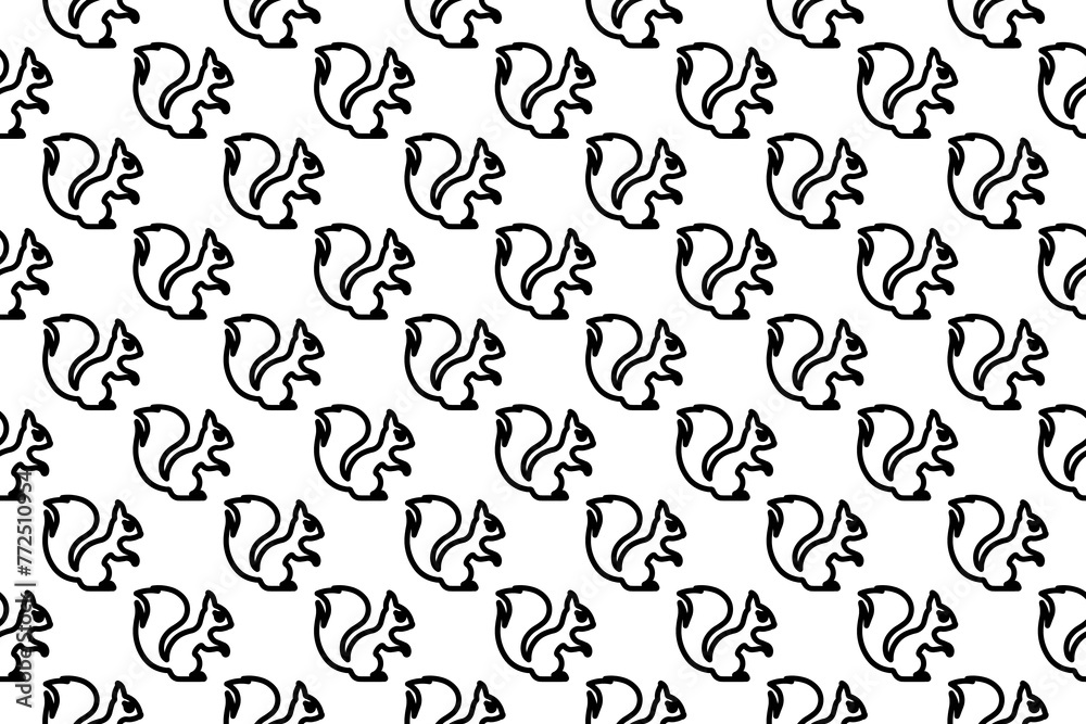 Seamless pattern completely filled with outlines of squirrel symbols. Elements are evenly spaced. Illustration on transparent background