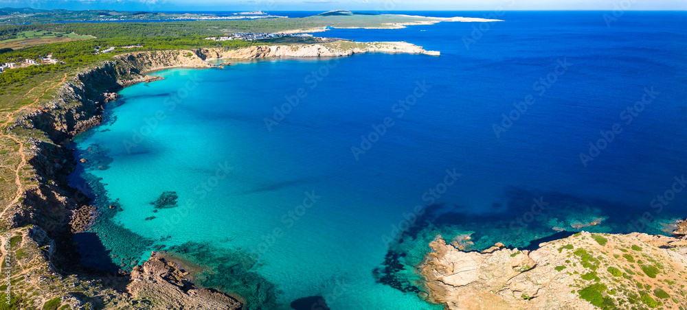 Areal drone view of the Arenal d'en Castell beach on Menorca island, Spain
