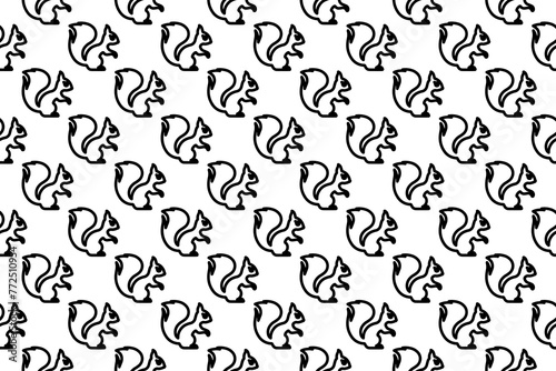 Seamless pattern completely filled with outlines of squirrel symbols. Elements are evenly spaced. Illustration on transparent background