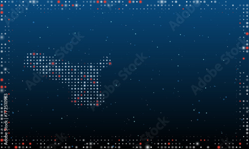 On the left is the angle grinder symbol filled with white dots. Pointillism style. Abstract futuristic frame of dots and circles. Some dots is red. Vector illustration on blue background with stars