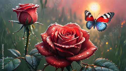 red rose in dew drops and butterfly on sunrise