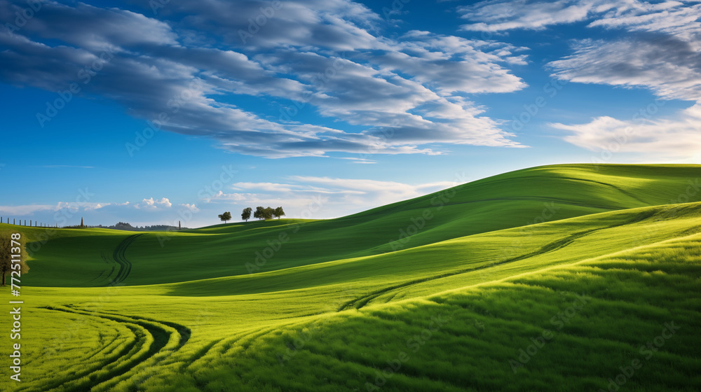 landscape with field, Aserpentine path winds through alush green grass field, nestled in the embrace of rolling hills. Themorning sun, still soft on the horizon, casts a golden hue. Above, theblue sky