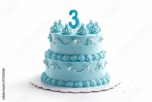 A three-layer blue cake with a number 3 on top, perfect for celebrating a milestone occasion
