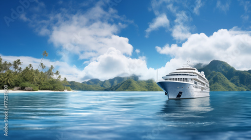 cruise ship in the sea, Amidst the shimmering waters, aboat charts a course toward thetropical island. Theblue sky andwhite clouds form a celestial backdrop, inviting adventure and escape. photo