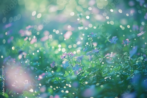 Blurred vision of flowers and bokeh lights creating an enchanting and magical atmosphere. Concept of nature, beauty, and dreamscape. 