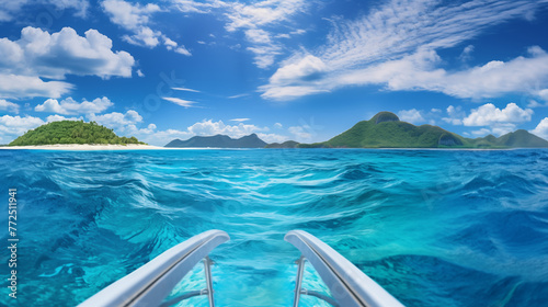 On the horizon, aboat cuts through theturquoise waves, leaving a wake of anticipation. Above, theblue expanse meetswhite clouds, framing thetropical island like a postcard photo