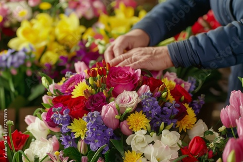 Close-up of florist s hands at work  making colorful bouquet compositions from fresh flowers on background of various flowers Rose Lily Tulip in warm sunligh. floristics. A gift. Banner. Copy space