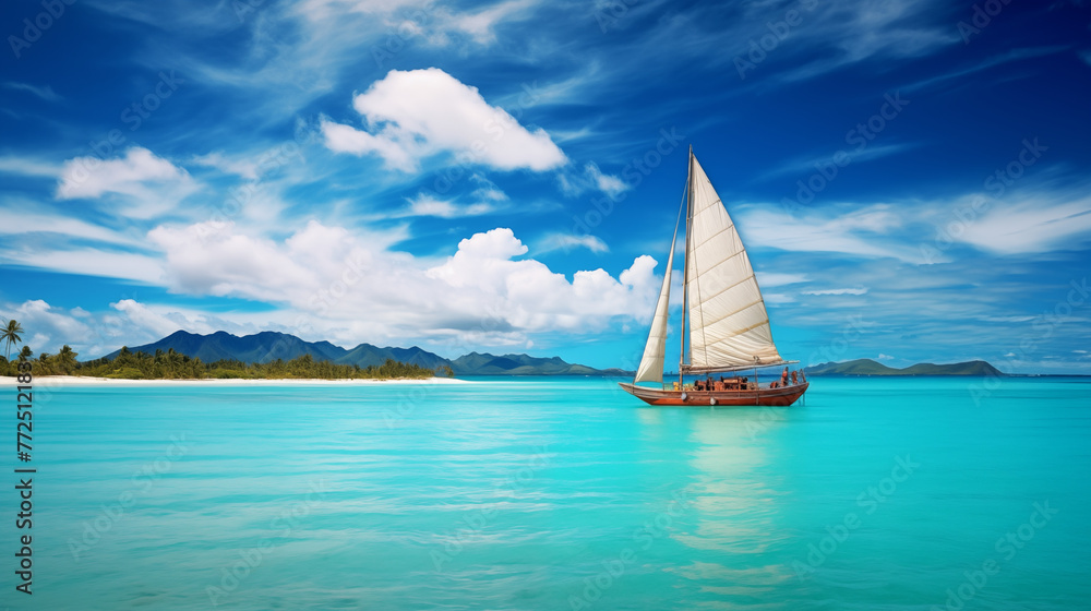sailboat on the sea, Against the vastness of theocean, asmall boat sails. The water is a mesmerizingturquoise, mirroring theblue sky above. Atropical island beckons, its lush greenery promising 
