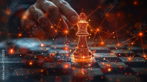 The hand holds a chess pawn polygonal, geometric triangle with light connection structure. Low poly modern background for business concept.