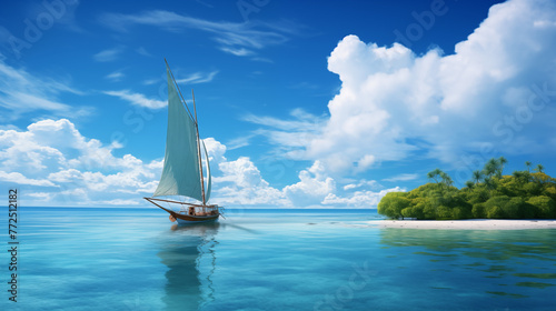 Against the vastness of theocean, asmall boat sails. The water is a mesmerizingturquoise, mirroring theblue sky above. Atropical island beckons, its lush greenery promising tranquility photo