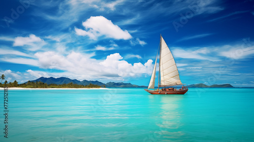 sailboat on the sea, Against the vastness of theocean, asmall boat sails. The water is a mesmerizingturquoise, mirroring theblue sky above. Atropical island beckons, its lush greenery promising 