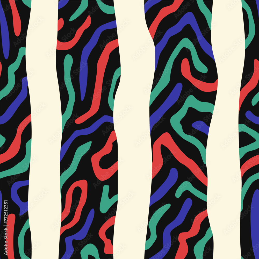 Vector vertical freeform pattern with overlapping green red blue lines seamless pattern on white. Vector vertical freeform pattern with overlapping green red blue lines seamless pattern on white.