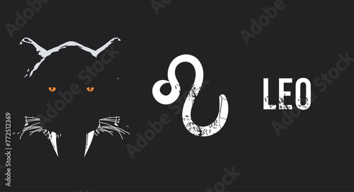 Leo. T-shirt design of the zodiac symbol next to a feline head in the dark.
