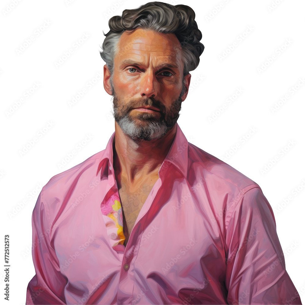Obraz premium The man with a full beard and moustache is rocking a pink dress shirt with a popped collar at the music artists event. He looks pleased while wearing sunglasses on his jawline on transparent