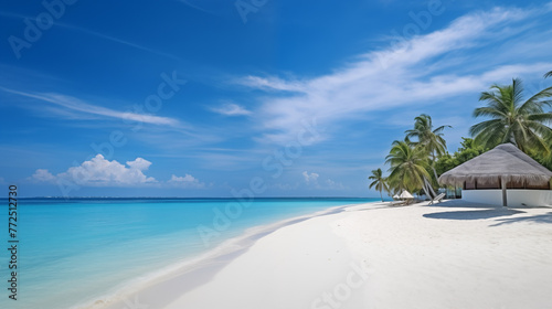 beach with trees, On thisidyllic beach, the sand is a canvas ofwhite, kissed by theturquoise waves. Thesky stretches infinitely, adorned withfluffy clouds. TheMaldives island completes the panorama