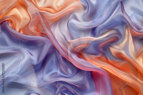 A background of crumpled delicate transparent fabric in warm pastel-colored blue, orange and violet shades, gathered in waves. A sense of calm and elegance. elegant design elements. Vertical banner