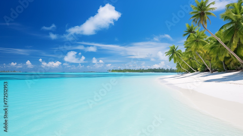 beach with palm trees, On thisidyllic beach, the sand is a canvas ofwhite, kissed by theturquoise waves. Thesky stretches infinitely, adorned withfluffy clouds. TheMaldives island completes the panora photo
