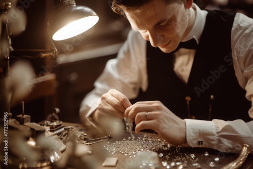 A jeweler meticulously examines a sparkling piece of jewelry under the warm light of a work lamp against the backdrop of a workshop with scattered tools and pieces of jewelry. Handmade jewelry
