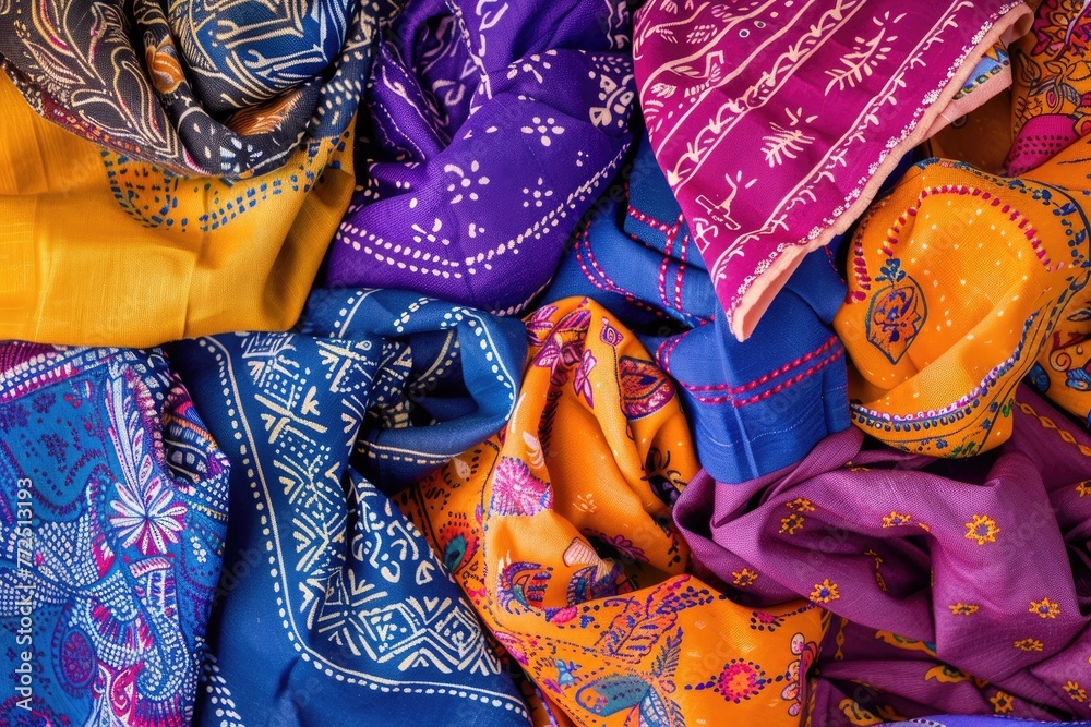 Multicolored Bandanas. Bold & Bright Bandana Background with Red, Blue, Yellow, Orange & Purple. Perfect for Fashion Design