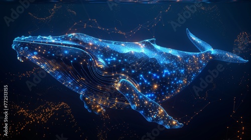 The blue whale is composed of polygons. It is a concept illustration of a sea creature. The whale consists of lines, dots, and shapes. The whale consists of light connections that are wireframed.