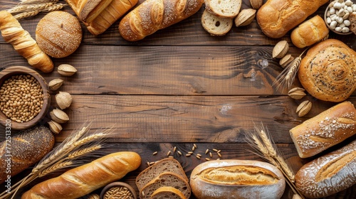 Assorted Bread Varieties on Wooden Table photo
