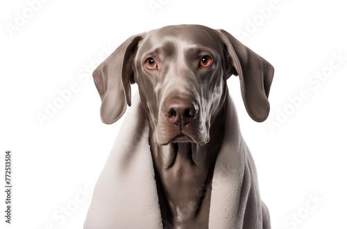 Wet dog after shower on transparent background. Weimaraner brown in a towel Pet wash, grooming After hard training