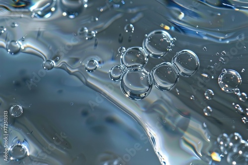 Microscopic Water Bubble: Transparent Liquid Texture with Scientific Blue Serum. © Artem