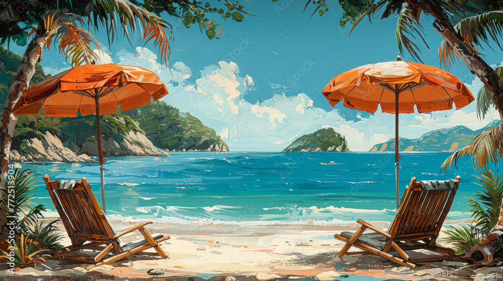 Coastal Impressions In Paint, Umbrellas, Loungers, And Lapping Waters - obrazy, fototapety, plakaty 