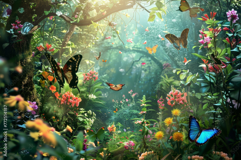 A colorful butterfly garden with many butterflies flying around