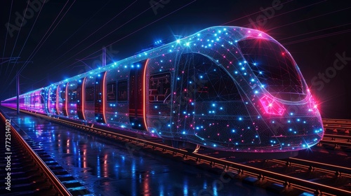 The abstract polygonal 3D wireframe is an abstract representation of a modern train at a railway station or metro station. The digital modern mesh is reminiscent of a starry sky. Rapid transit © DZMITRY