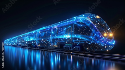 3D wireframe of modern train at railway station or metro. Starry modern mesh looks like a sky. Concept of rapid transit, transportation, and rail logistics in dark blue.