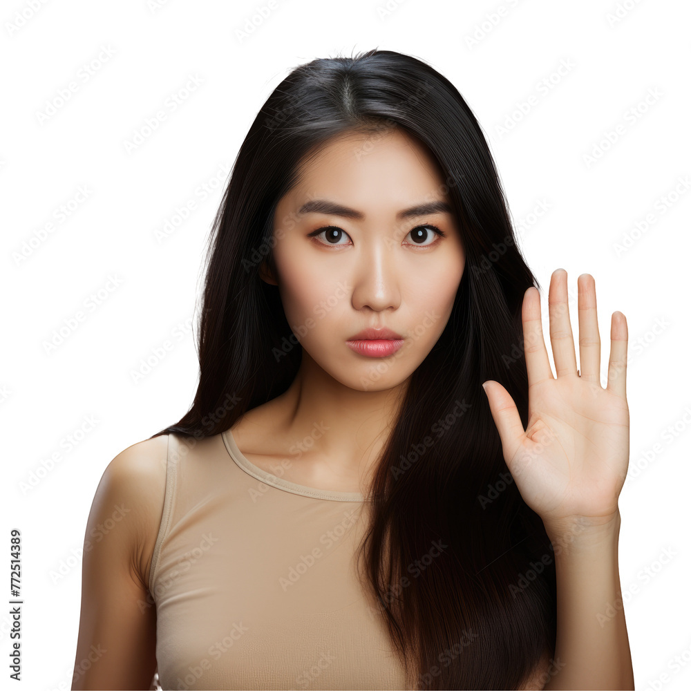 A woman with black hair is gesturing with her hand to make a stop sign, her nose, cheek, lip, mouth, jaw, neck, and eyelashes visible. Avoid flash photography on transparent A woman with black hair is gesturing with her hand to make a stop sign, her nose, cheek, lip, mouth, jaw, neck, and eyelashes visible. Avoid flash photography on transparent