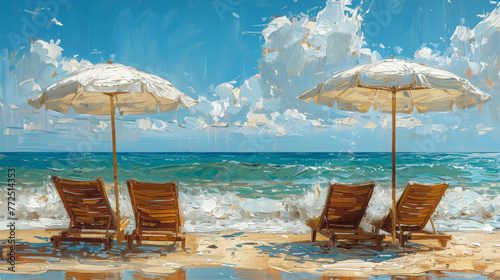 Seascape Masterpiece Depicting Umbrella And Chairs On Sandy Beach