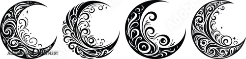 Antique hand drawn art crescent moon boho style, Vector Art & Illustration