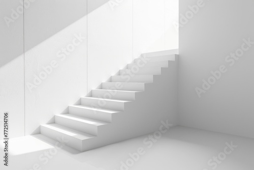 Rising to Success: Minimalistic 3D Render of an Ascending Staircase Signifying Leadership and Achievement in an Empty White Room