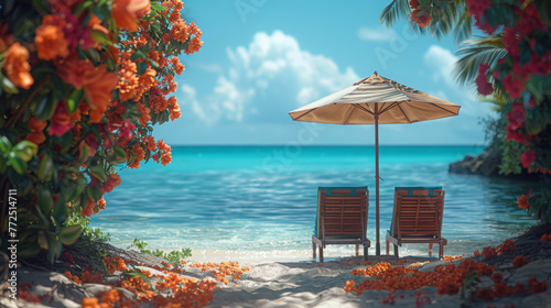 Blossoms Adorn The Foreground Of A Beachside Lounger Paradise