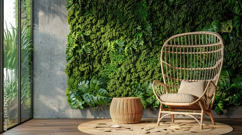 Scandinavian Moss Wall Interior with Rattan Chair. 3D Render of Green House Home Decor with Wicker and Wood Accents