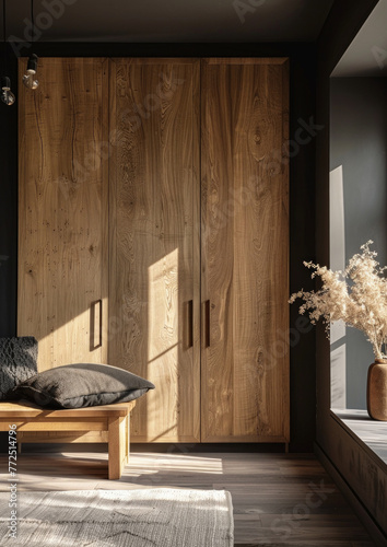 Wooden wardrobe against black wall in minimalist bedroom. Scandinavian style. Modern contemporary interior design. 