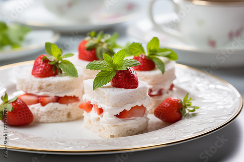 Mini strawberry and cream tea sandwiches on a plate. Horizontal, side view.
