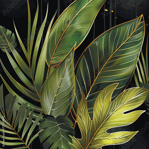 Drawn Watercolor botanical foliage pattern with tropical green plants, leaves, gold lines. Vector leafy painted beautiful background. Floral pattern. Trendy abstract arrangements with tropical plants