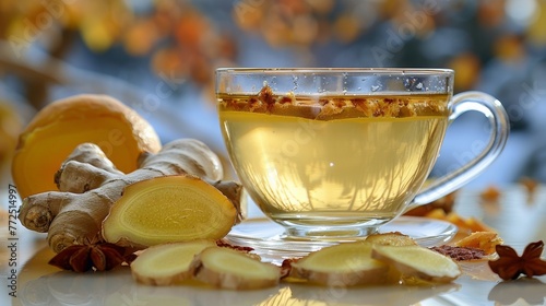 Cup of Tea With Sliced Ginger and Ginger Root